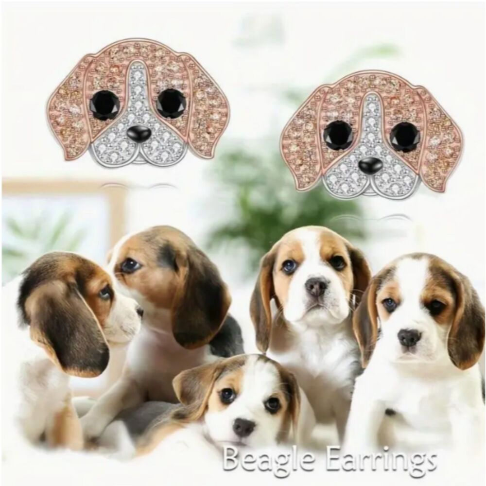 Rhinestone Beagle Dog Stud Earrings Amber White